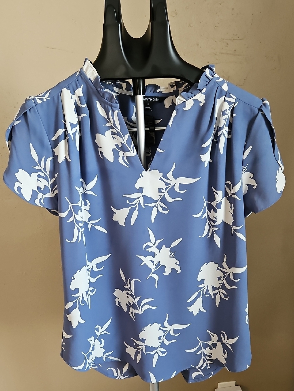 41 Hawthorn Blue and White Floral V Neck Blouse